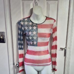 Women’s Long-Sleeve American Flag Print Top - Red/Blue